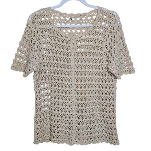 Beige Crochet Open Knit Short Sleeve Cardigan M Boho Prairie Cottagecore Coastal